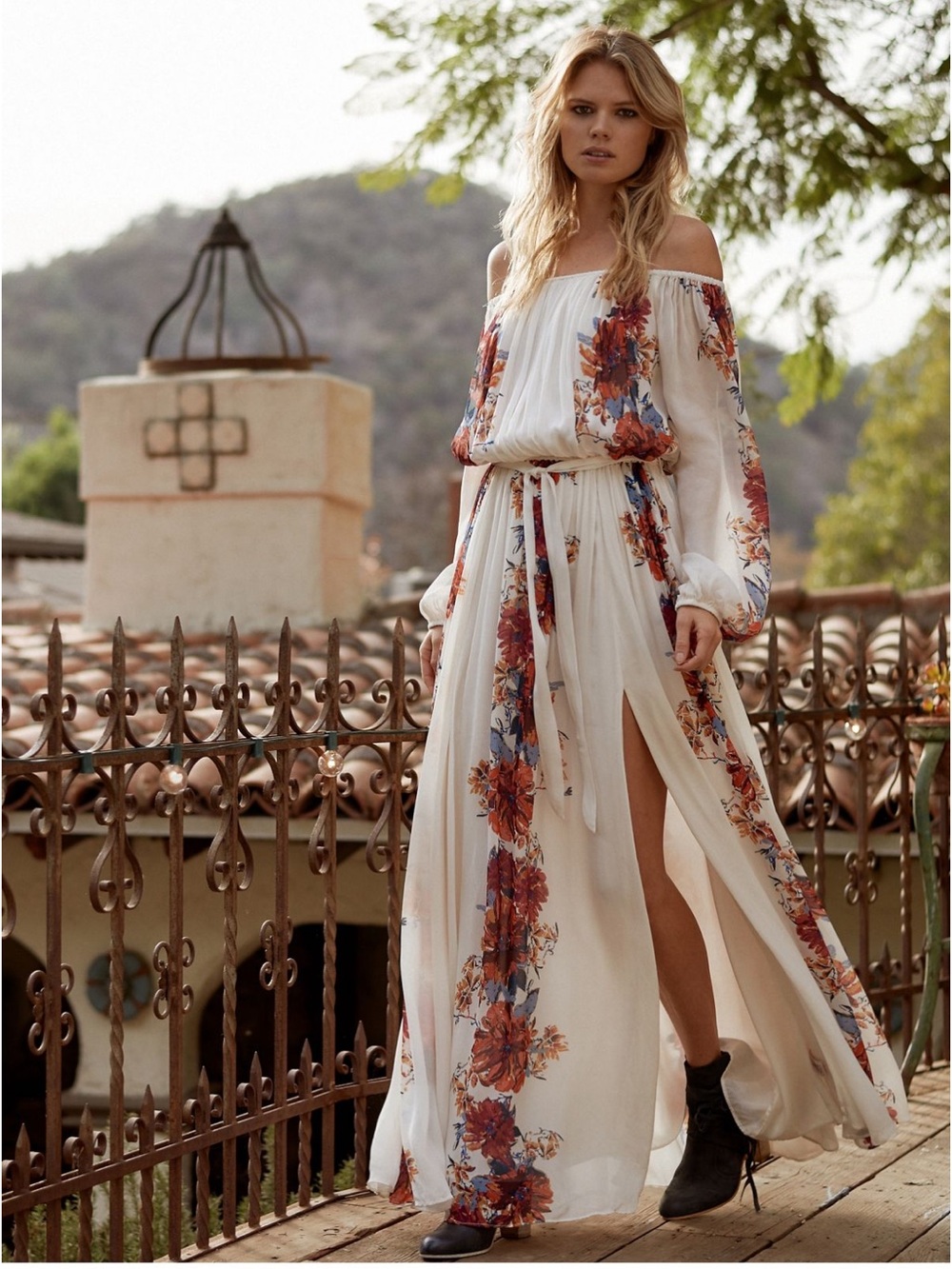 Free People Bardot White Floral Maxi Dress XS
